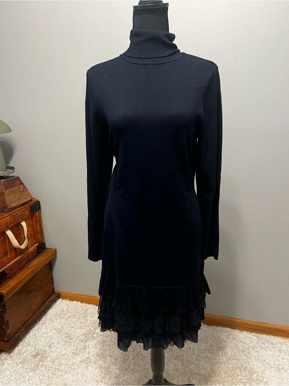 Women's Black Turtleneck Ruffle Hem Dress
